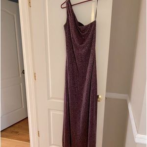 Metallic purple gown. One shoulder w  gem circle on shoulder 14  Arianna.